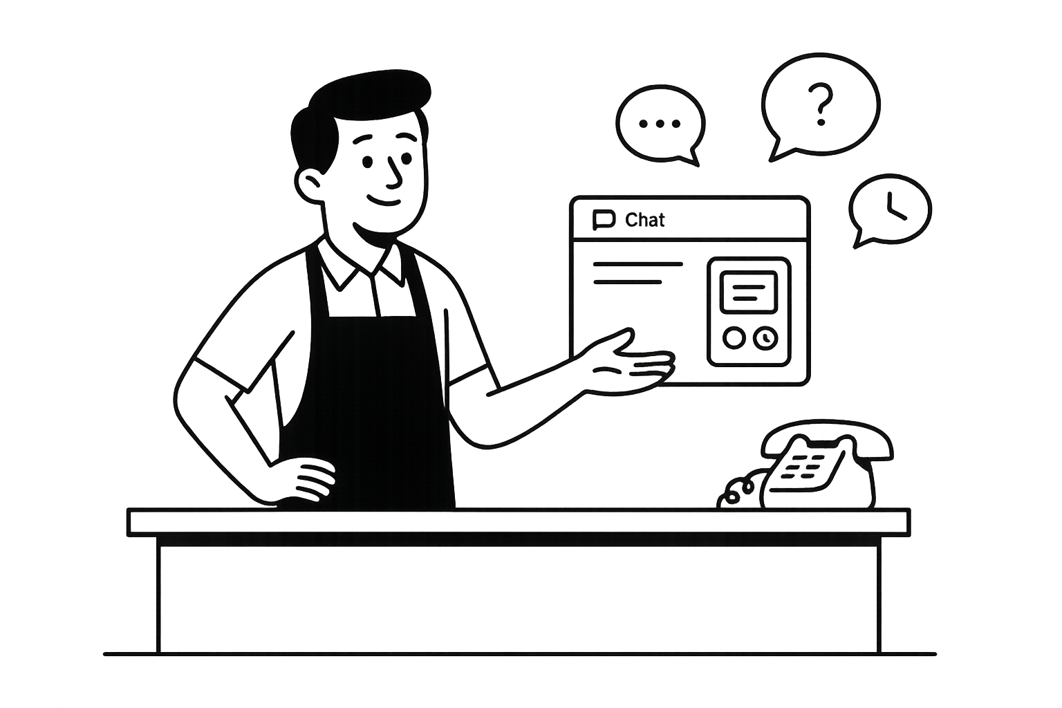 Restaurant server in apron presenting modern chat interface with floating chat bubbles containing question marks, typing indicators, and time symbols, while traditional phone sits on counter, illustrating the transition from phone calls to intelligent chat communication