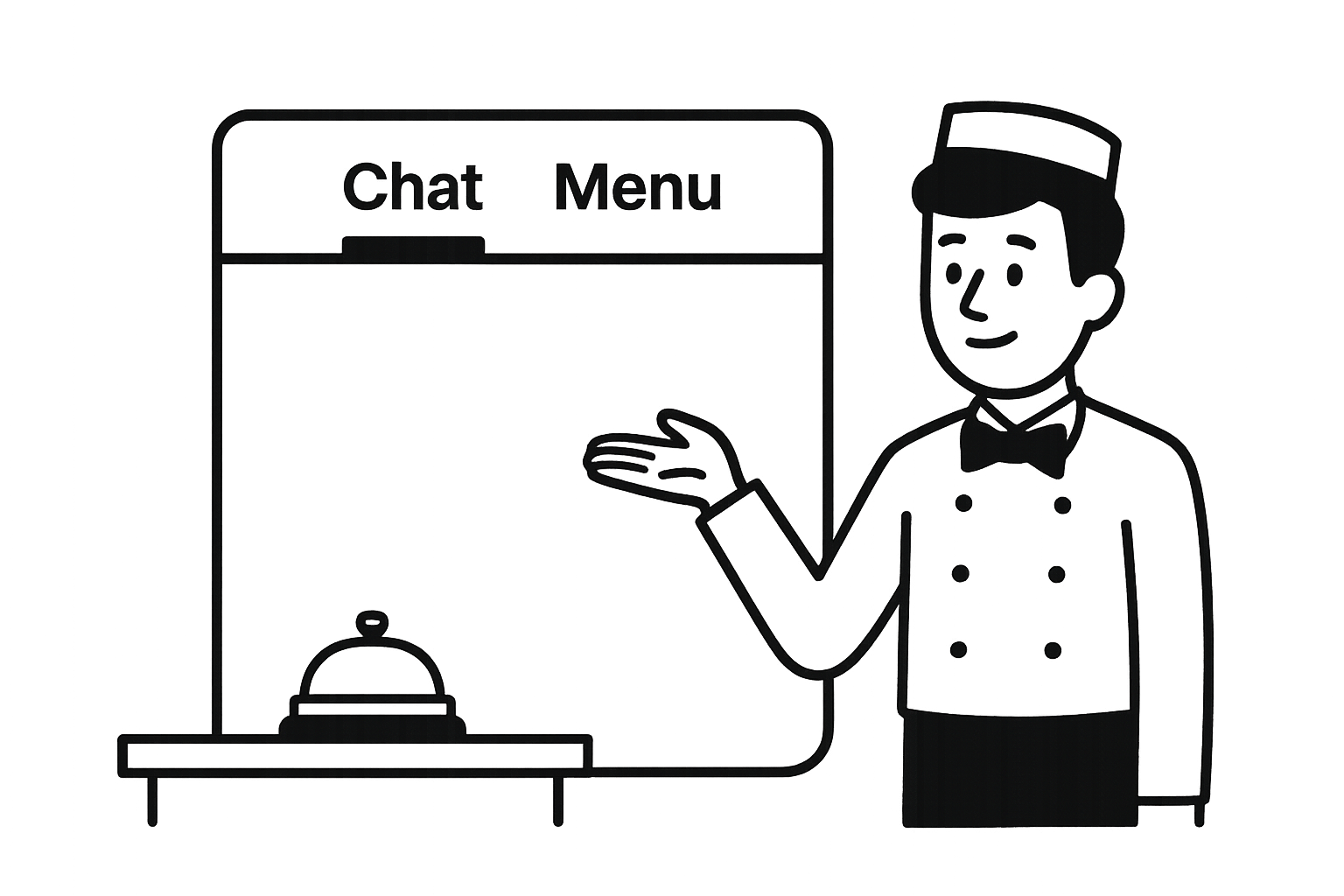 Professional concierge in formal attire with chef's hat and bow tie standing beside digital display showing Chat and Menu tabs, with service bell on counter, representing Vibechat as a digital front desk service