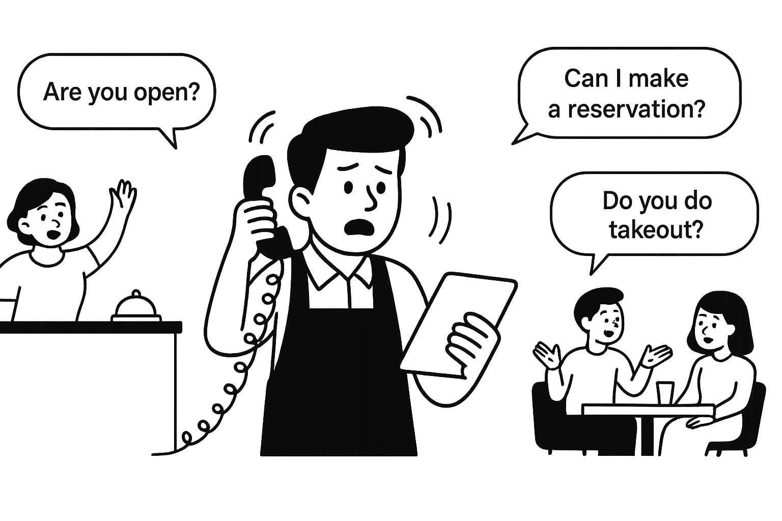 Restaurant server overwhelmed by phone calls, holding phone to ear with stress lines, surrounded by speech bubbles asking 'Are you open?', 'Can I make a reservation?', and 'Do you do takeout?' while chef waves from kitchen and customers wait at table