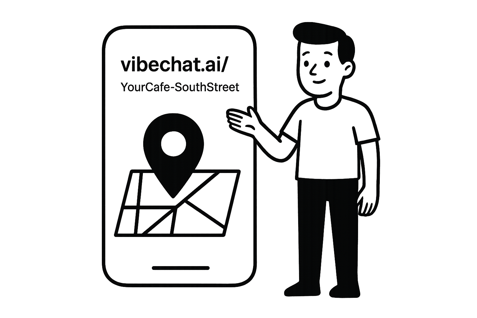 Professional business person presenting smartphone displaying vibechat.ai/YourCafe-SouthStreet with location pin and map interface, demonstrating how each business location receives a customized chat page URL with integrated location-based features