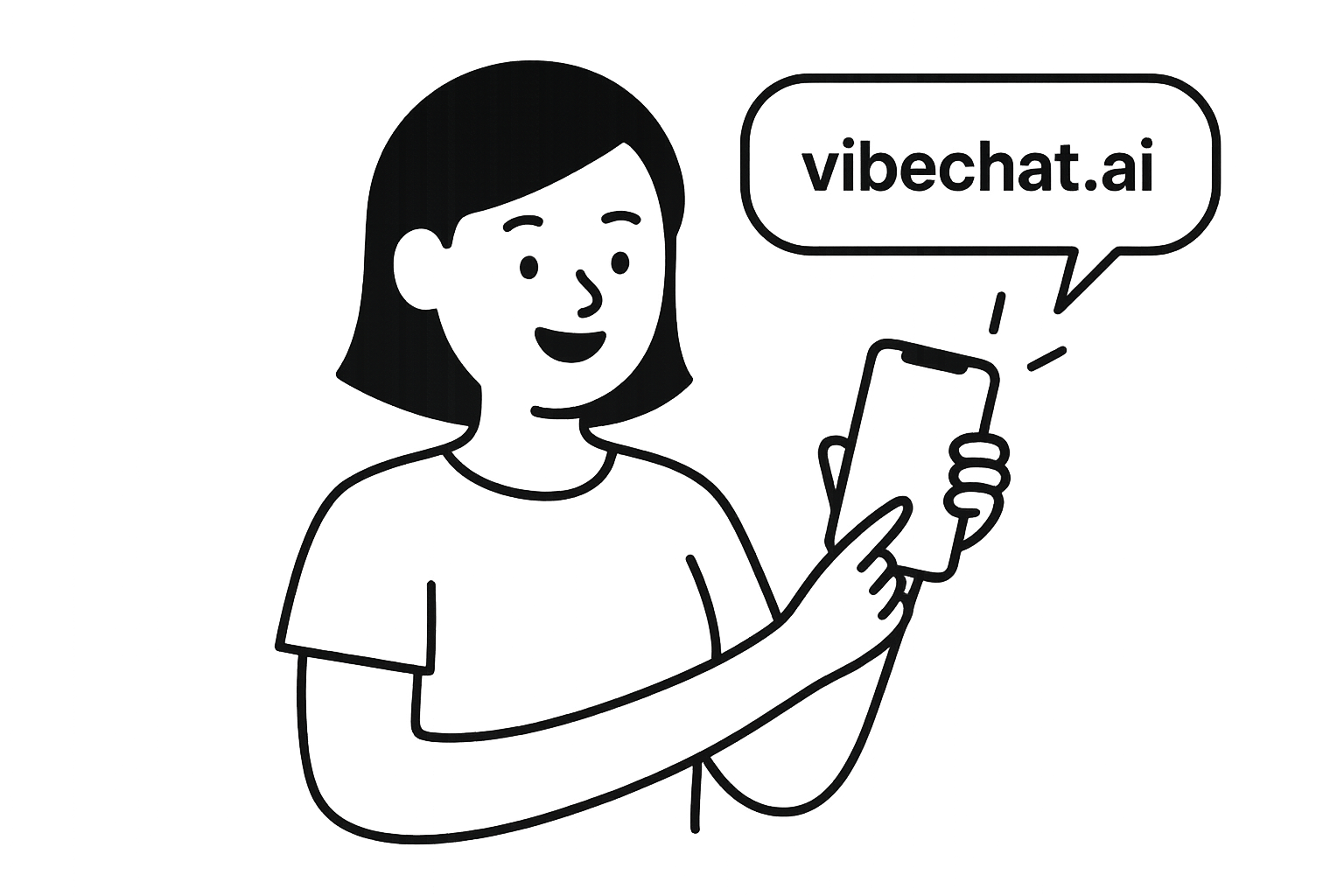 Smiling woman holding smartphone with speech bubble showing 'vibechat.ai', illustrating the simplicity of accessing Vibechat without any app downloads