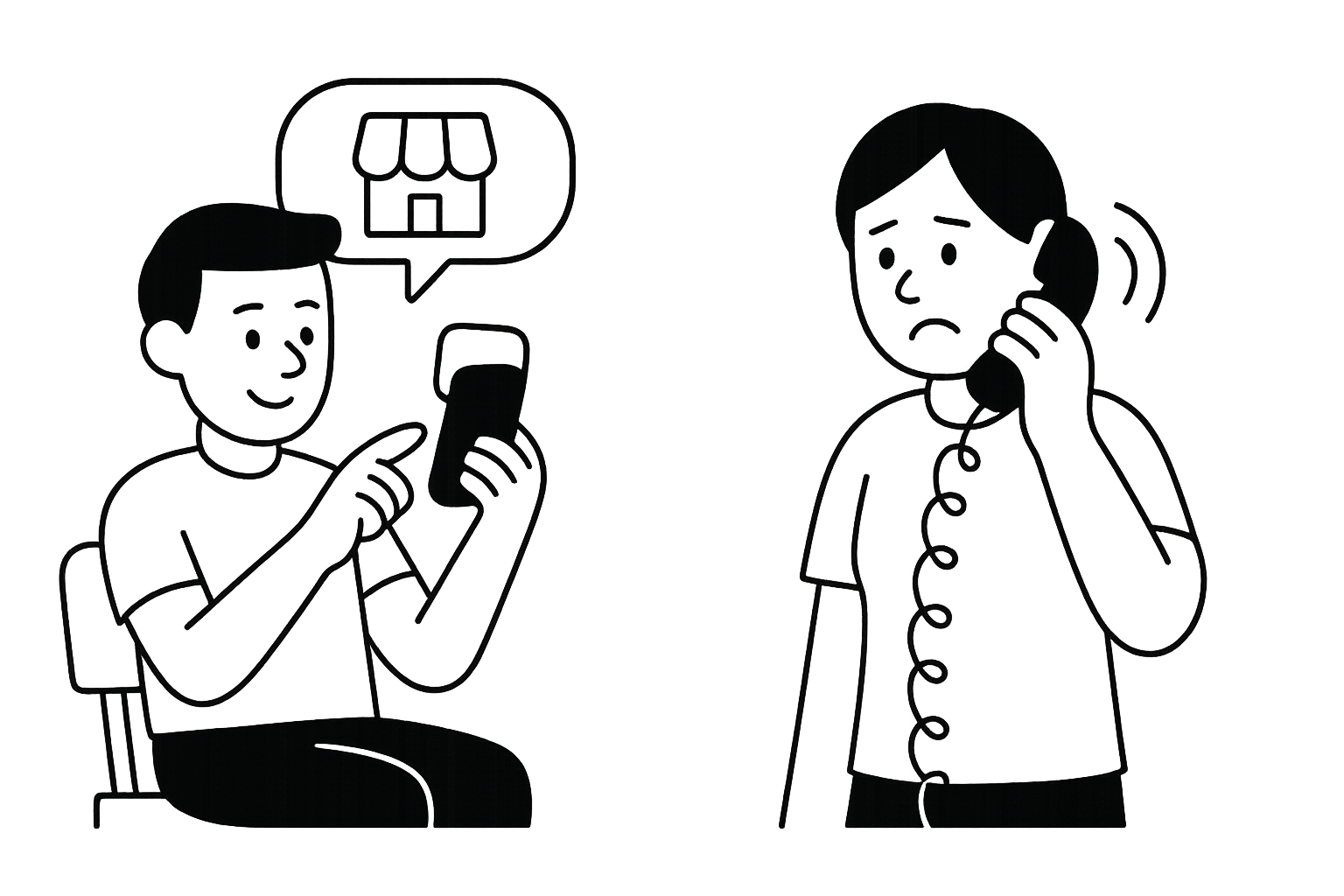 Comparison illustration showing a happy person sitting and using a smartphone with a store icon in speech bubble (representing modern digital communication) versus a frustrated person standing with a traditional corded telephone (representing old-fashioned phone calls)