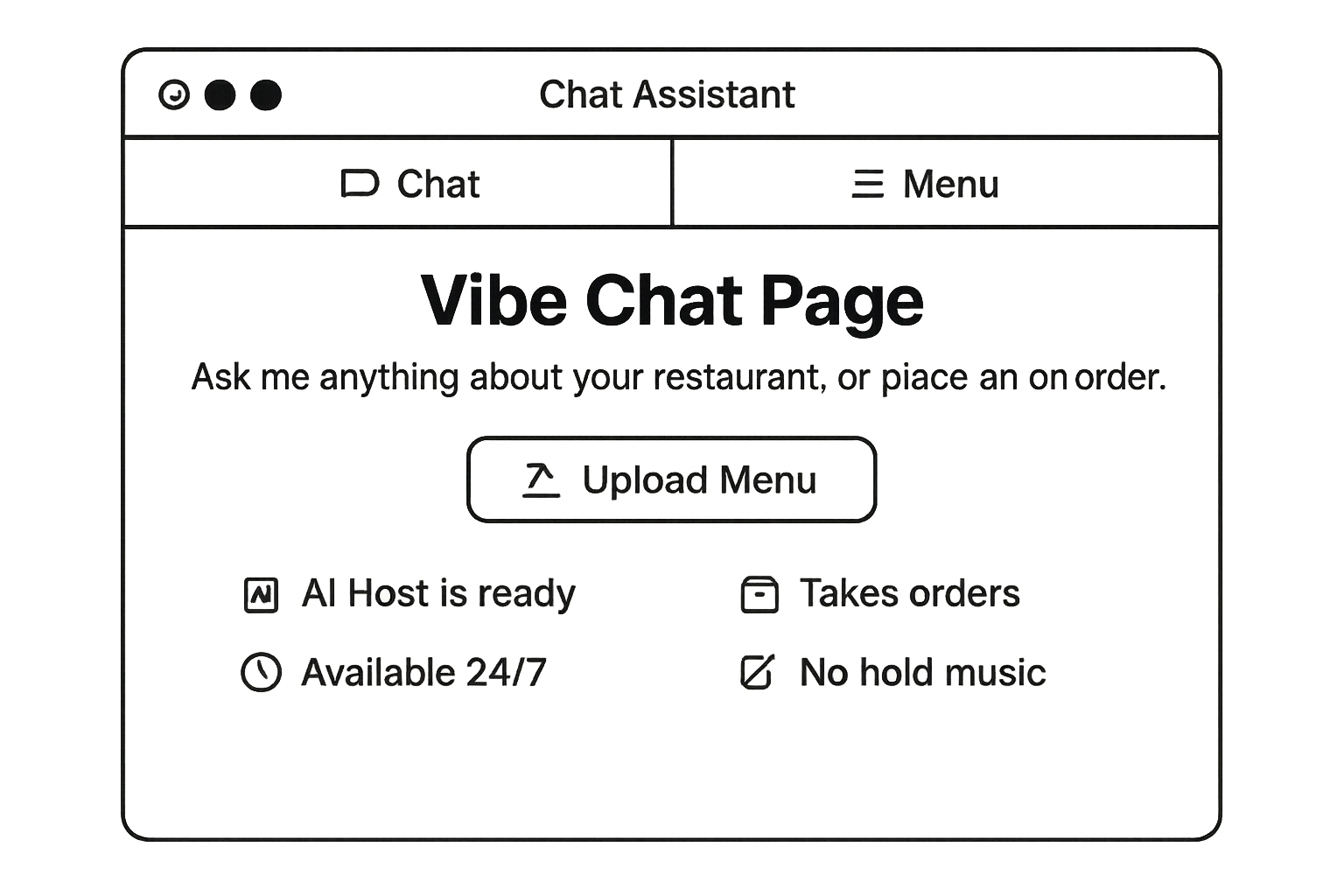 Vibe Chat Page browser interface mockup showing chat assistant with 'Ask me anything about your restaurant, or place an order' tagline, Upload Menu button, and feature icons for AI Host ready, Takes orders, Available 24/7, and No hold music